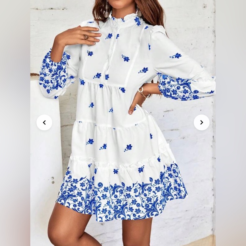 Shein print Lantern Sleeve ruffle hem smock dress XS/S NWOT